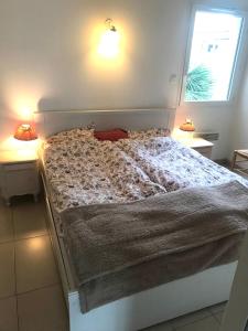 een bed in een slaapkamer met twee lampen op twee tafels bij la scribote in Marseillan