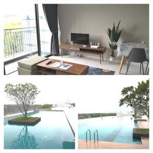 deux photos d'un salon et d'une piscine dans l'établissement NiDaHomeStay Nilai USIM KLIA WiFi androidtv full aircond, à Nilai