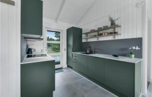 eine Küche mit grünen und weißen Arbeitsflächen und einem Fenster in der Unterkunft Stunning Home In Blvand With Kitchen in Blåvand