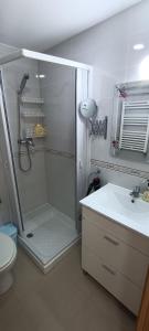 a bathroom with a shower and a sink and a toilet at Gran apartamento cerca del mar y Castillo in Denia