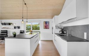 a kitchen with white cabinets and a wooden ceiling at Holiday Home Kildebakken Vinderup V in Vinderup