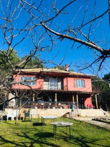 Chalet 20 Min Far To Uludag Ski Resort في Çekirge: منزل وردي مع طاولتين للتنزه أمامه