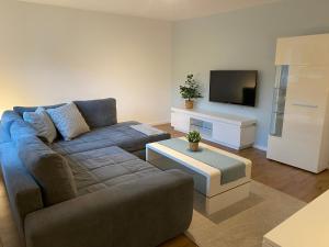 a living room with a couch and a tv at Ferienwohnung Welk in Grömitz