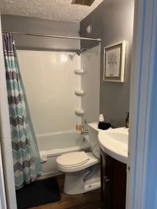 La salle de bains est pourvue de toilettes blanches et d'un lavabo. dans l'établissement 426, à Maysville