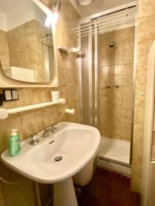 博格塔塞斯特雷的住宿－Sestriere Borgata appartamento in montagna Casa di Bertu，一间带水槽和淋浴的浴室