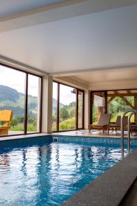 uma piscina com vista para uma casa com janelas em Conacul Baciu em Fundu Moldovei