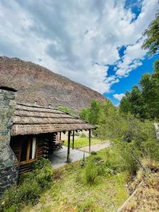 Cabaña de madera con techo de paja en un campo en cabaña 17 Potrerillos en Mendoza