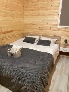 een slaapkamer met een groot bed en een houten muur bij COMPLEX TURISTIC AVENTURA CAMP in Eşelniţa