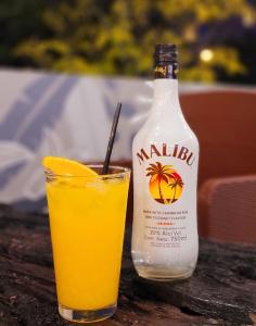 una botella de alcohol junto a un vaso de zumo de naranja en Privilegio Hostel en San Rafael