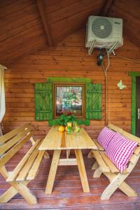 a wooden cabin with a picnic table and a tv at DOMKI Kolonia Leśna z sauną in Wünschelburg