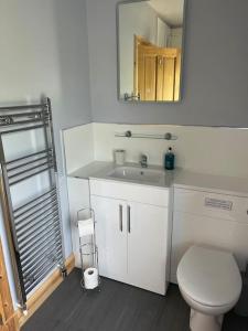 a bathroom with a sink and a toilet and a mirror at Bixter House - a spacious self-catering property 