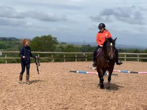 a woman watching a man riding a horse playing an obstacle at Lavender cottage in Gloucester