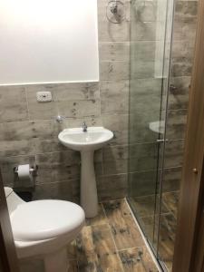 a bathroom with a toilet and a sink and a shower at Apartamentos LM in Santa Rosa de Cabal