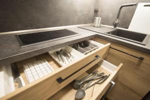 uma cozinha com um lavatório e uma bancada em Penzion Barborka em Olomouc