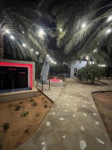 a pavilion with a fireplace and palm trees and lights at شاليهات حميدانة الخير in At Turbīyah
