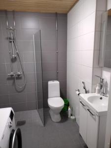 a bathroom with a toilet and a shower and a sink at Helsinki Private-Yksityinen-Частный Room in Shared Apartment into Airport-BusTrain Station-University in Helsinki