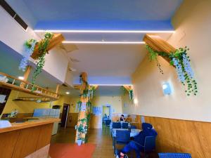 una oficina con techo azul con plantas en la pared en Hostel Napoles en Madrid