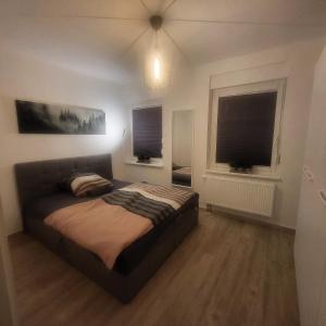 a bedroom with a bed and two windows at Ferienwohnung NR1 in Großräschen