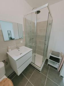 ein Bad mit einer Dusche und einem weißen Waschbecken in der Unterkunft Studio "Les Mésanges" in Juvignac