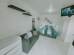 salon z kanapą i łóżkiem w obiekcie logement indépendant avec terrasse "Les Mésanges" w mieście Juvignac