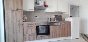 cocina con armarios de madera, fogones y nevera en Vila Zdenka Apartmants, en Crikvenica