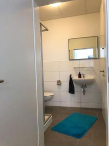 a bathroom with a sink and a toilet and a mirror at Studio Emdecker am Delft in Emden