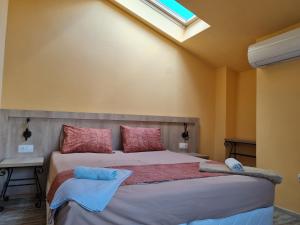 ein Schlafzimmer mit einem großen Bett mit roten und blauen Kissen in der Unterkunft Комплекс Белла Терра in Gostilitsa