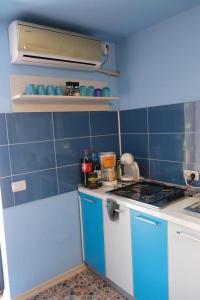 a blue and white kitchen with a stove top oven at Studio Bucuria Corbu in Corbu
