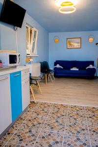 Il comprend un salon avec un canapé bleu et une cuisine. dans l'établissement Studio Bucuria Corbu, à Corbu