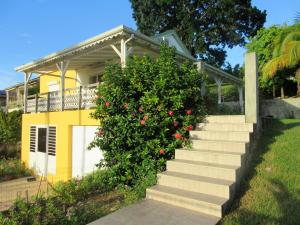 a yellow house with a bush with red roses at Studio a Le Gosier a 280 m de la plage avec jardin clos et wifi in Pointe-à-Pitre