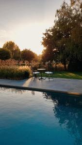 una mesa de picnic y un banco junto a una piscina de agua en Chambres d'hôtes - Au Clos d'Amande en Lasne