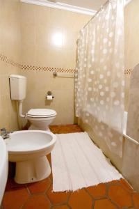 a bathroom with a toilet and a shower at One bedroom house with lake view shared pool and furnished garden at Porto de Mos in Porto de Mós