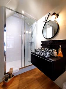 y baño con ducha y espejo. en Apt duplex spacieux cosy plein centre Bayeux décoration élégante proche plages du débarquement, en Bayeux