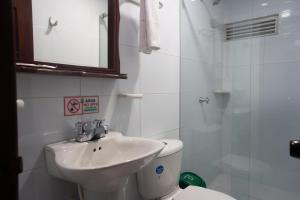 库库塔Hotel Exelsior的带水槽、马桶和淋浴的浴室