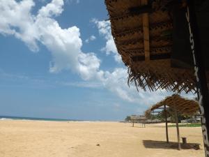 a beach with a straw umbrella and the ocean at Eden Blue Hikkaduwa in Hikkaduwa