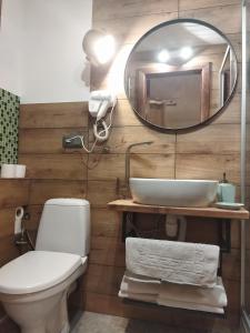 a bathroom with a white toilet and a mirror at gonta cottage in Slavske