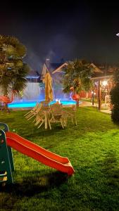 a park with a slide and a fountain at night at Villa Bade sıcak havuzlu in Sapanca