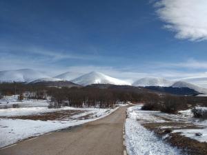 a dirt road with snow covered mountains in the background at Casa Rural Casa Martin in Cueva de Ágreda