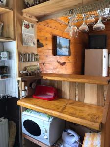 a kitchen with wooden walls and a stove and a microwave at Біла Хижа (Хата) in Verkhne-Studënyy