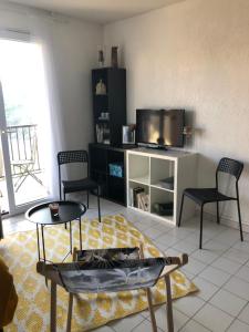a living room with two chairs and a tv at Appartement vue mer les pieds dans l'eau in Collioure