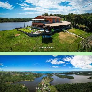 two pictures of a house and a river at Pousada Peninsula Santa Rita in Guarapari
