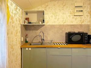 uma pequena cozinha com um lavatório e um micro-ondas em Holiday home UDDEVALLA XXVI em Sundsandvik