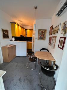 a room with a table and chairs and a kitchen at Cute little apartment in Belgrade
