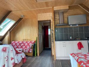eine Küche und ein Wohnzimmer in einem winzigen Haus in der Unterkunft Chalet cosy, belle vue, dans le massif du Vercors in Lans-en-Vercors