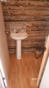 a bathroom with a sink and a wooden wall at Cabaña Don Pepe, en Estancia Don Domingo in Curicó