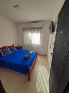 1 dormitorio con 1 cama azul y TV en CASA LA PAZ en Cafayate