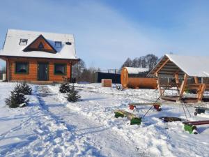 a log cabin with snow on the ground at Domek do wynajęcia - Siedlisko przy lesie in Rząśnik