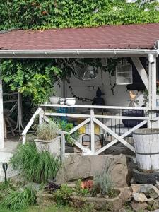een tuin met een vogelhuisje en planten bij Agroturystyka Rancho Lavender - Dom gościnny 