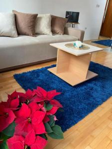 a living room with a table and red flowers on a blue rug at Tea Apartment in Skopje +5 photos