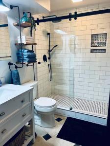 a bathroom with a shower and a toilet and a sink at Upscale Mission Beach Couples Getaway/Pet Friendly in San Diego